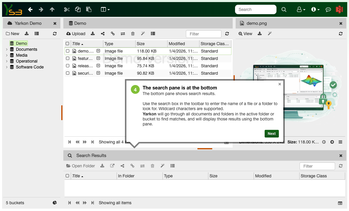 A search pane is at the bottom